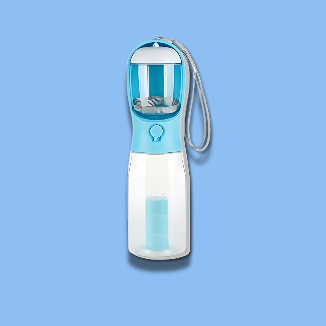 3 in 1 multifunctional portable dog walking water bottle, blue, with food container and trash bag dispenser.