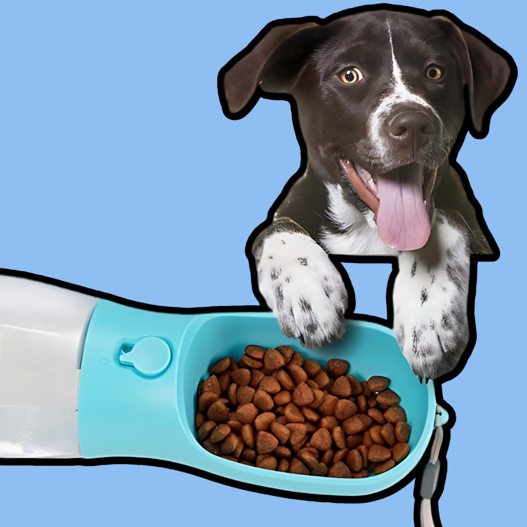 3 in 1 multifunctional dog water bottle with food dispenser and playful dog.