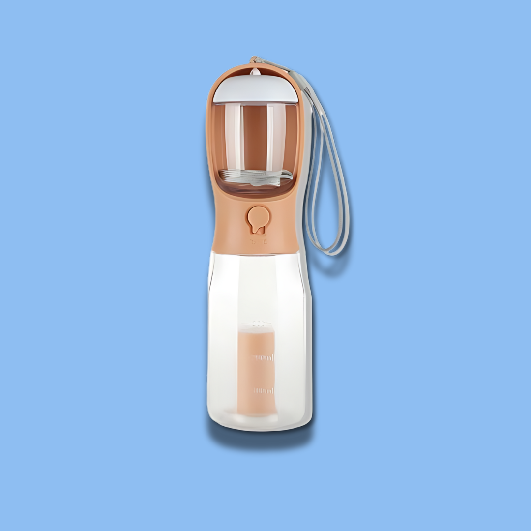 3 in 1 multifunctional portable dog walking water bottle with food container and garbage bag dispenser.