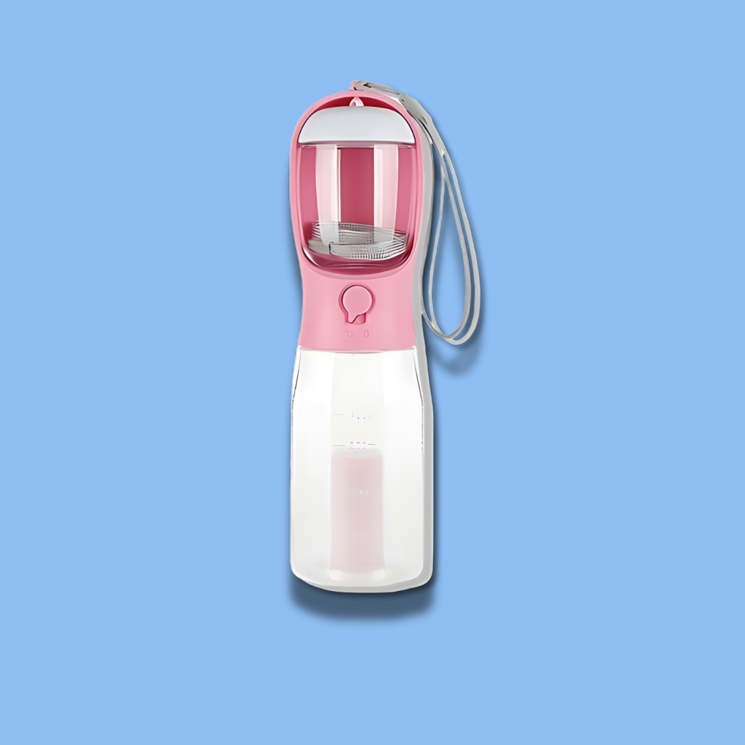 3 in 1 multifunctional portable dog water bottle in pink with lanyard, featuring a water, food, and trash bag dispenser.