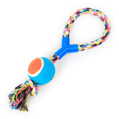 Skylight (alpha) Y- Shaped Style Rope Toy with Tennis Ball  Skylight (alpha) Y- Shaped Style Rope Toy with Tennis Ball Product information: Category Pet Rope Toy Product Name Y-Shaped Style Rope Toy with Tennis Ball Company Name Skylight (alpha) (Imports) Material Cotton, tennis ball (wool, nylon and cotton) Weight 0.35Lb (160g) Length 14.9 in (38cm) long Color Received random **Product should be under supervision when in-use